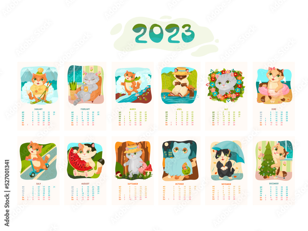 Calendar for 2023 with cute cats. Pets. Kitten. Furry friends. Calendar in cartoon style. Vector illustration.