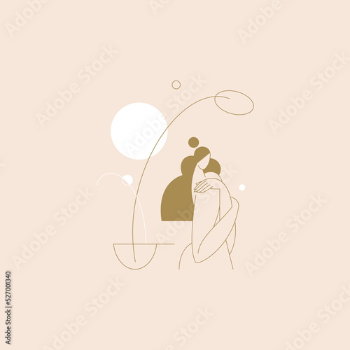Female body vector illustration. Nude woman silhouette composition, geometric shapes feminine figure, boho colored contemporary design. Self care, body beauty concept for logo, branding id. Modern art