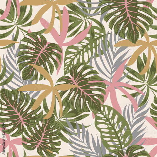 Original seamless tropical pattern with bright plants and leaves on a beige background. Beautiful print with hand drawn exotic plants. Jungle leaf seamless vector floral pattern background.