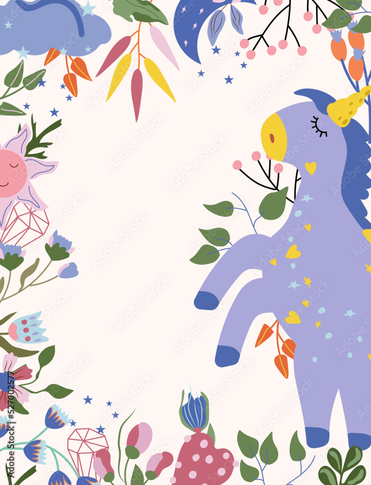 Cute Unicorn with colorful flowers, leaves, sun, cloud. Poster with magical horse can be used as creating card, banner, birthday and other holidays. Vector illustration.