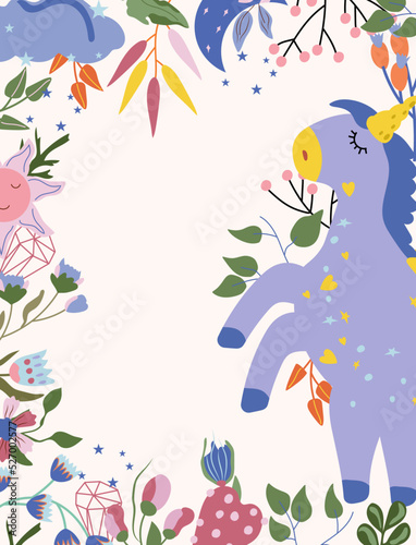 Cute Unicorn with colorful flowers, leaves, sun, cloud. Poster with magical horse can be used as creating card, banner, birthday and other holidays. Vector illustration.