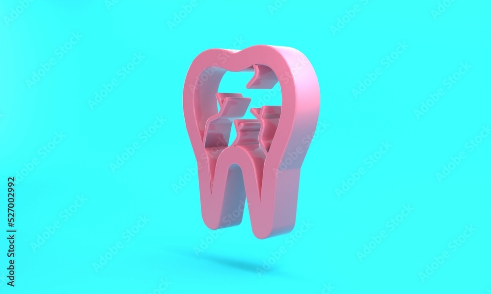 Pink Broken tooth icon isolated on turquoise blue background. Dental problem icon. Dental care symbol. Minimalism concept. 3D render illustration Pink Broken tooth icon isolated on turquoise blue background. Dental problem icon. Dental care symbol. Minimalism concept. 3D render illustration