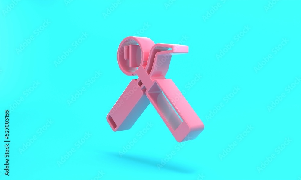 Pink Dental inspection mirror and probe icon isolated on turquoise blue background. Explorer scaler. Tool dental checkup. Minimalism concept. 3D render illustration Pink Dental inspection mirror and probe icon isolated on turquoise blue background. Explorer scaler. Tool dental checkup. Minimalism concept. 3D render illustration