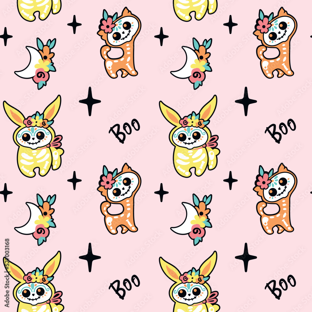 Obraz premium Cute skeletons of animal on pink background. Halloween illustration. Print for little girls. Seamless pattern. Vector.