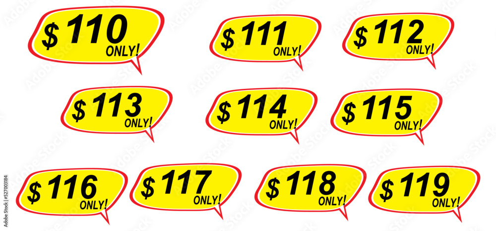 Obraz premium Sale tags collection from 110% to 119%, one hundred ten to one hundred and nineteen only, vector illustration.