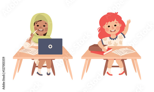 Little Girl Pupil Sitting at Table with Copybook and Laptop Raising Hand Engaged in Elementary Education Vector Set