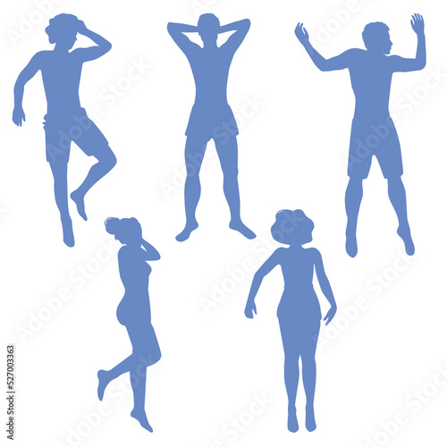 Silhouettes of male and female figures in various relaxed positions, isolated on white background. Full height men and women lying, top view. 