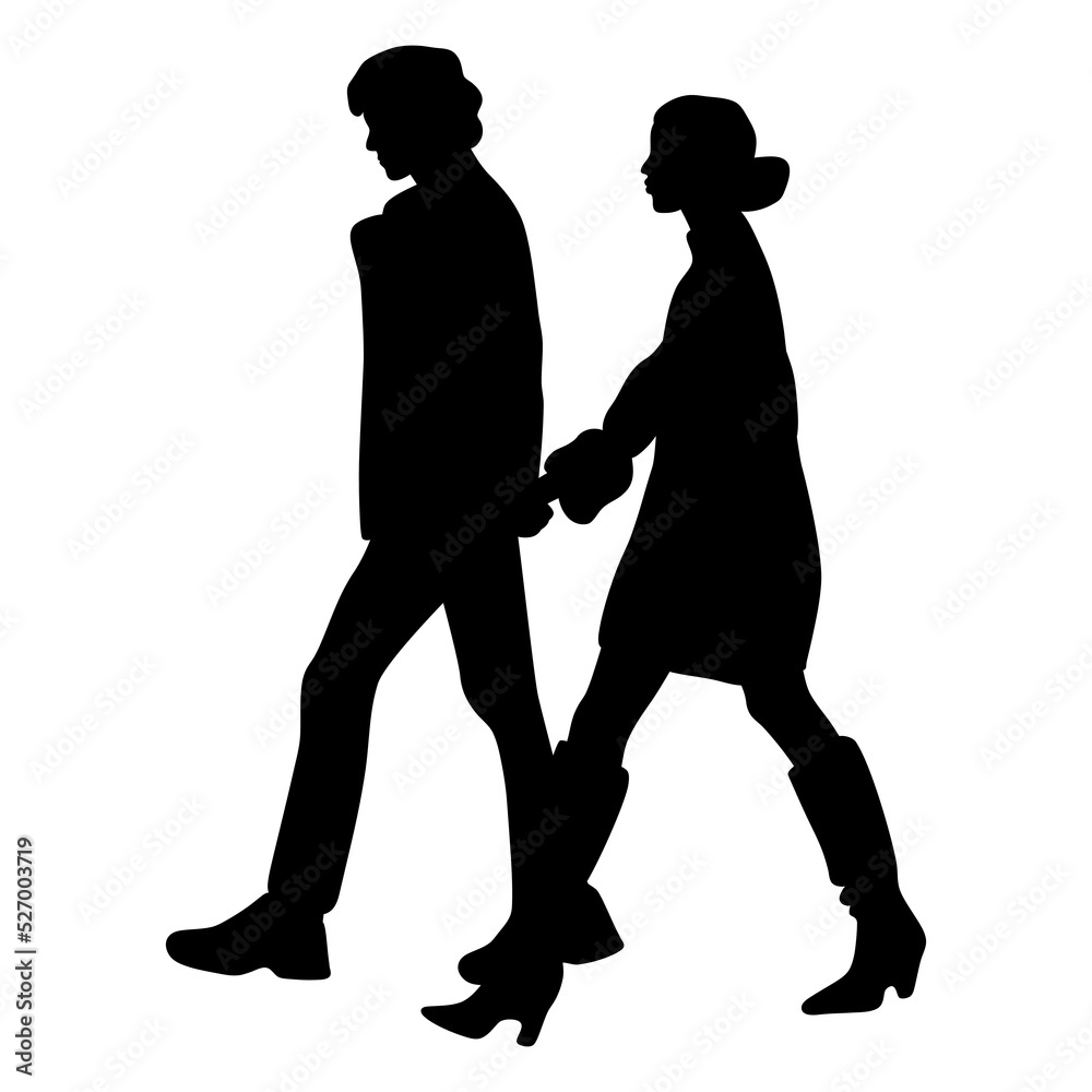 Silhouettes of man and woman walking together holding hands. Romantic couple on a formal date. Glamorous people on a stroll.