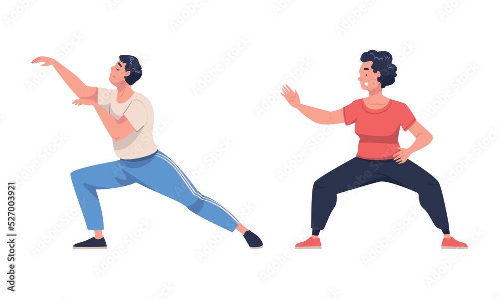 Man and Woman Character Practicing Tai Chi and Qigong Exercise as Internal Chinese Martial Art Vector Set Man and Woman Character Practicing Tai Chi and Qigong Exercise as Internal Chinese Martial Art Vector Set