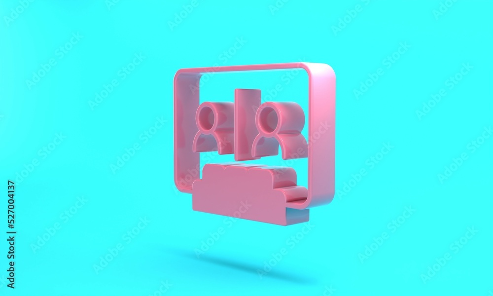 Pink Video chat conference icon isolated on turquoise blue background. Online meeting work form home. Remote project management. Minimalism concept. 3D render illustration Pink Video chat conference icon isolated on turquoise blue background. Online meeting work form home. Remote project management. Minimalism concept. 3D render illustration