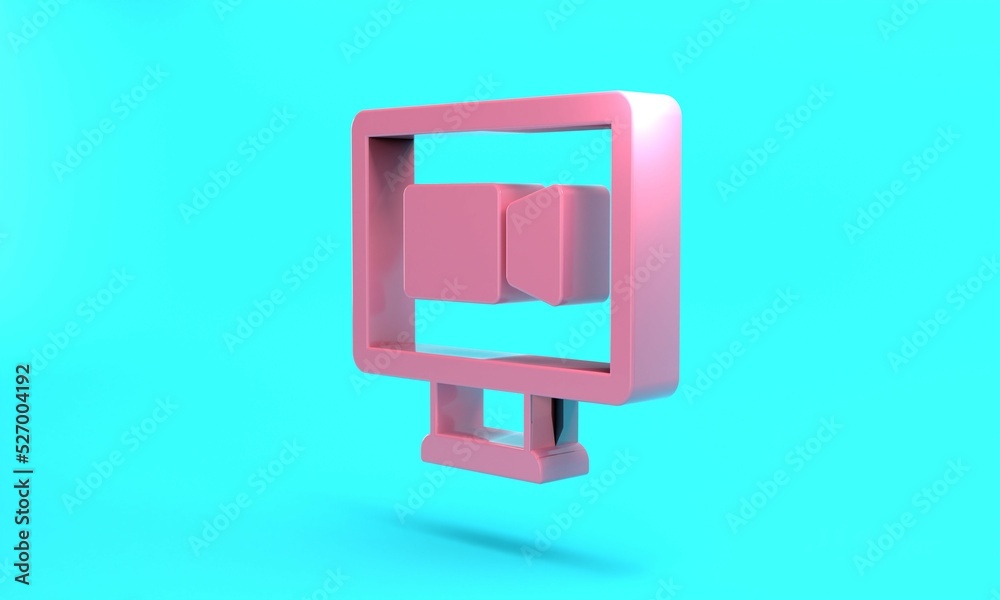 Pink Video chat conference icon isolated on turquoise blue background. Online meeting work form home. Remote project management. Minimalism concept. 3D render illustration Pink Video chat conference icon isolated on turquoise blue background. Online meeting work form home. Remote project management. Minimalism concept. 3D render illustration