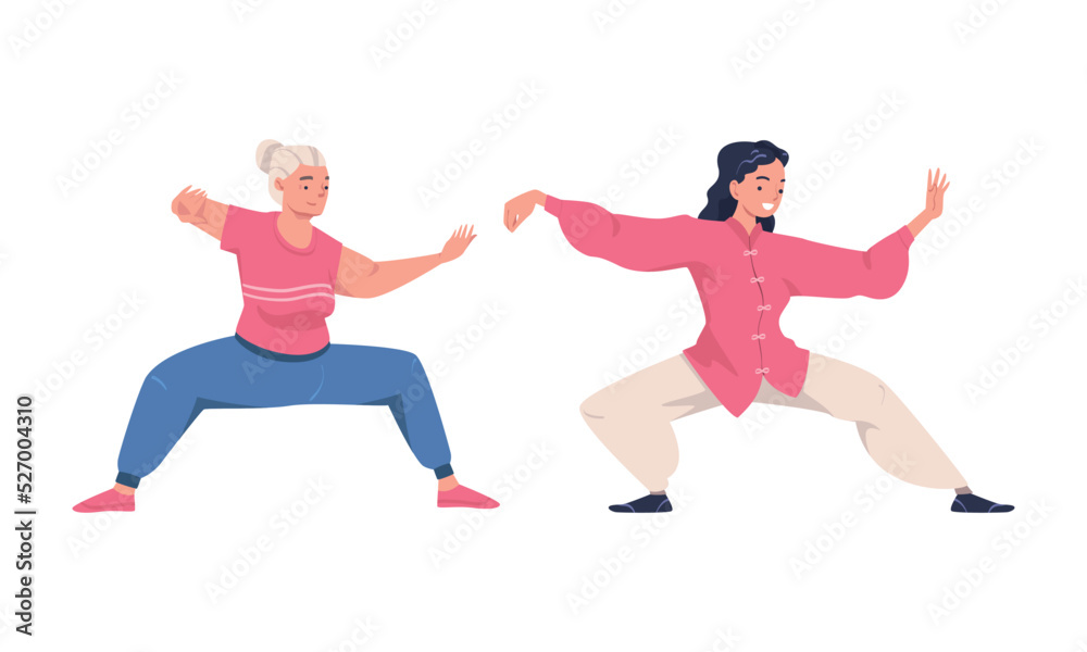 Woman Character Practicing Tai Chi and Qigong Exercise as Internal Chinese Martial Art Vector Set Woman Character Practicing Tai Chi and Qigong Exercise as Internal Chinese Martial Art Vector Set