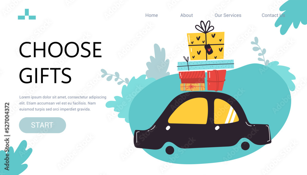 Landing page. Banner for web Gift boxes on the car. Merry christmas stylized typography. Vector flat style illustration for New Year promotion, New Year offer, discounts, gifts Landing page. Banner for web Gift boxes on the car. Merry christmas stylized typography. Vector flat style illustration for New Year promotion, New Year offer, discounts, gifts