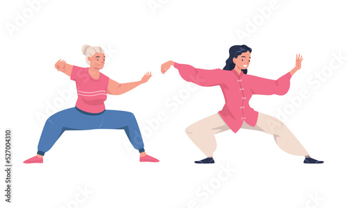 Woman Character Practicing Tai Chi and Qigong Exercise as Internal Chinese Martial Art Vector Set