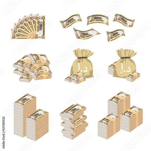 UAE Dirham Vector Illustration. Huge packs of United Arab Emirates money set bundle banknotes. Bundle with cash bills. Deposit, wealth, accumulation and inheritance. Falling money 200 AED. 