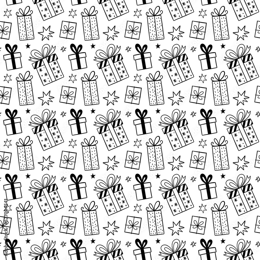 Christmas seamless pattern with traditional holiday symbols gift boxes and stars. Vector texture in hand drawn doodle style. Perfect for fabrics, wrapping paper, digital paper, backgrounds. Christmas seamless pattern with traditional holiday symbols gift boxes and stars. Vector texture in hand drawn doodle style. Perfect for fabrics, wrapping paper, digital paper, backgrounds.