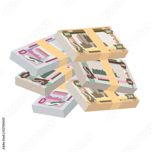UAE Dirham Vector Illustration. United Arab Emirates money set bundle banknotes. Paper money 100, 200, 1000 AED. Flat style. Isolated on white background. Simple minimal design.