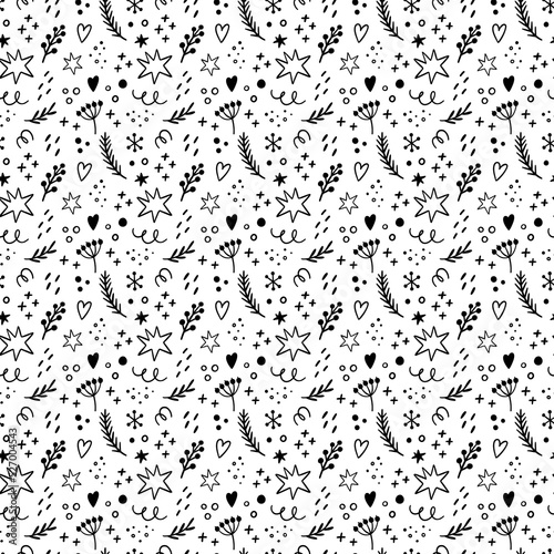 Christmas seamless pattern with florals and abstract doodle fillers on white background. Vector texture in hand drawn doodle style. Perfect for fabrics, wrapping paper, digital paper, backgrounds.