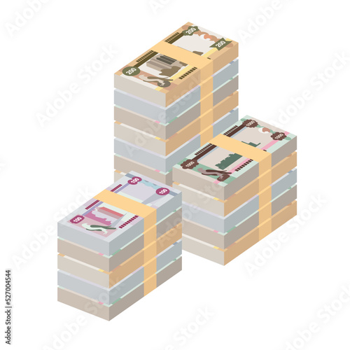UAE Dirham Vector Illustration. United Arab Emirates money set bundle banknotes. Paper money 100, 200, 1000 AED. Flat style. Isolated on white background. Simple minimal design.