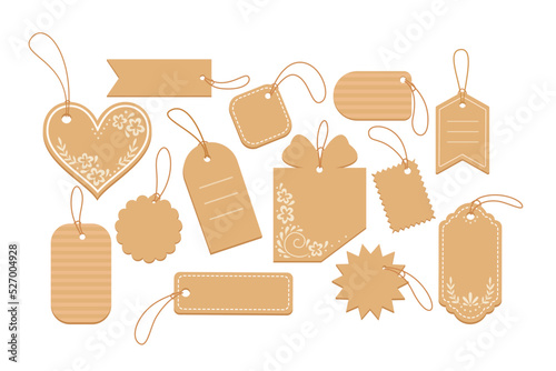 Set of various sale tags and labels with rope for shopping. Vector illustration.
