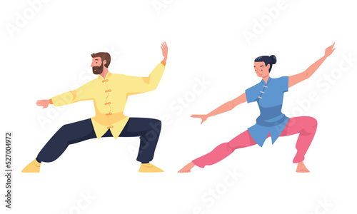 Man and Woman Character Practicing Tai Chi and Qigong Exercise as Internal Chinese Martial Art Vector Set