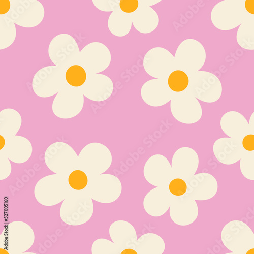 Naive floral pattern in the style of the 70s with groovy daisy flowers. Retro design. Yellow background. Style of the 60s, 70s, 80s. Scandinavian nursery print