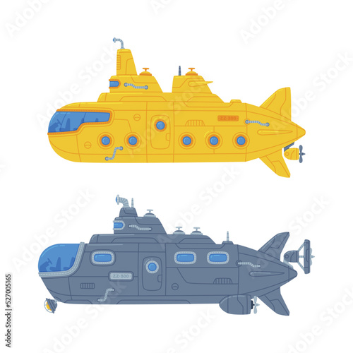 Submarine Watercraft with Porthole Swimming Underwater Vector Set