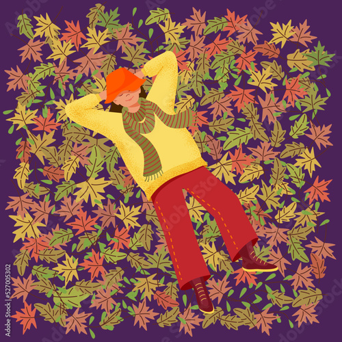 Girl lies on autumn leaves. Vector color illustration in flat style with texture.	