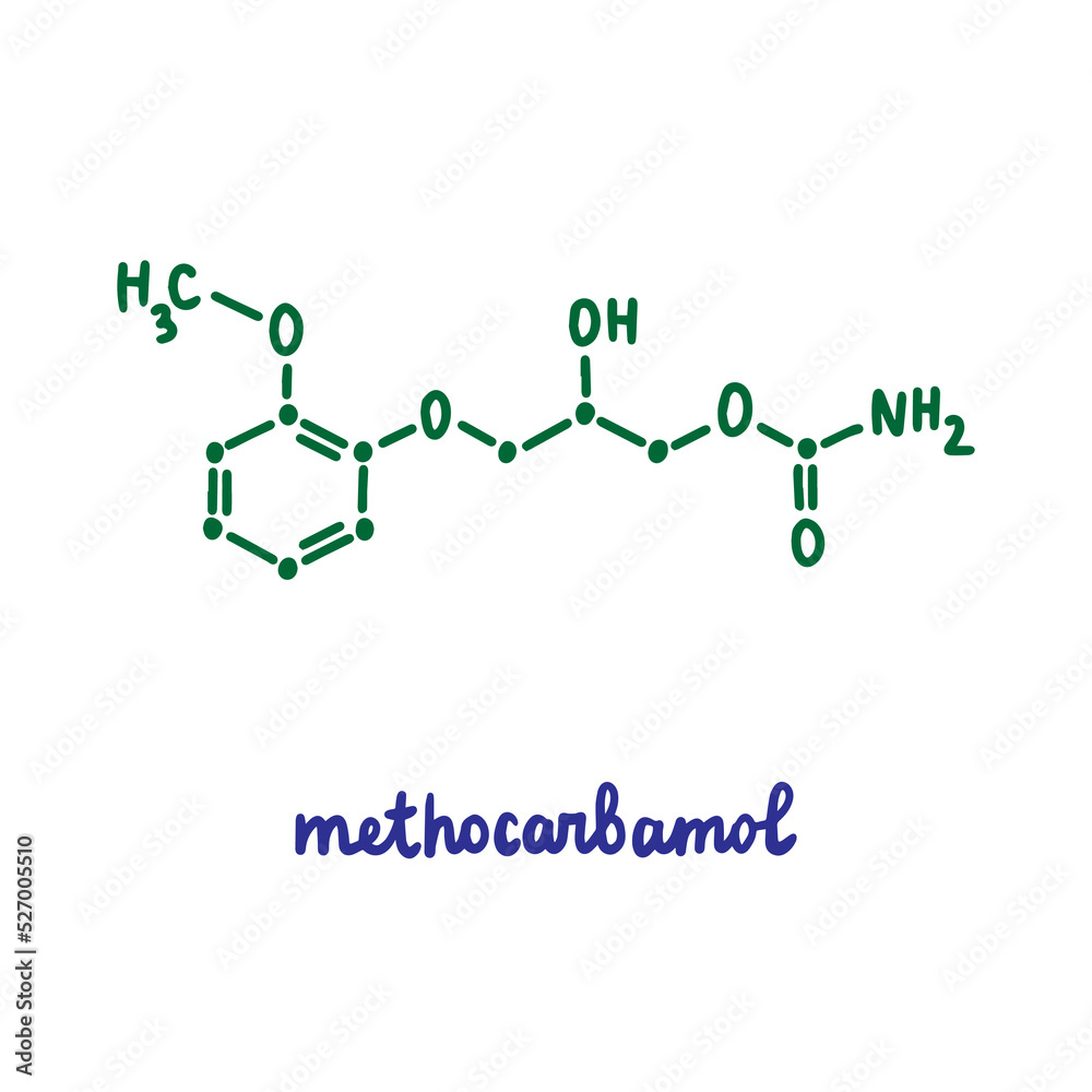 Methocarbomol hand drawn vector formula chemical structure lettering blue green Methocarbomol hand drawn vector formula chemical structure lettering blue green