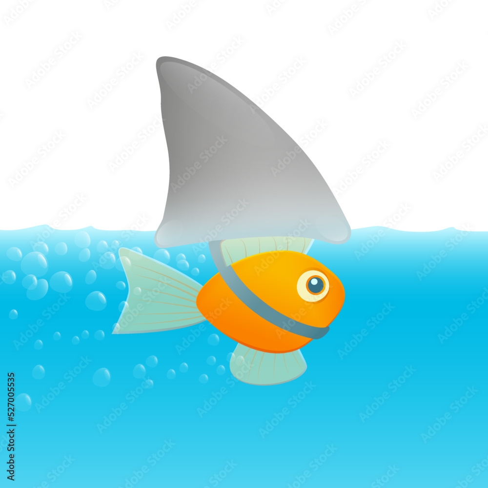 Goldfish under the guise of a fake shark fin, symbol for deception