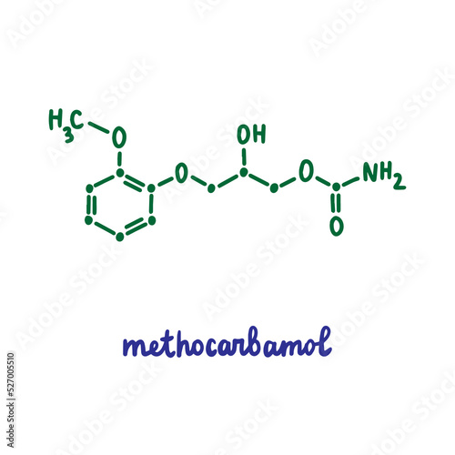 Methocarbomol hand drawn vector formula chemical structure lettering blue green