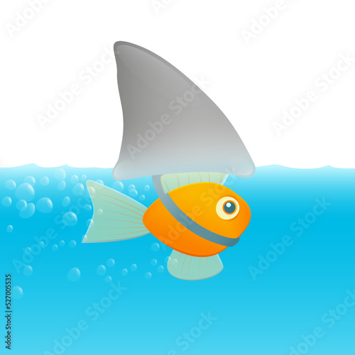 Goldfish under the guise of a fake shark fin, symbol for deception, bluff, trick, sham, disguise and illusion. Vector comic illustration.
 photo