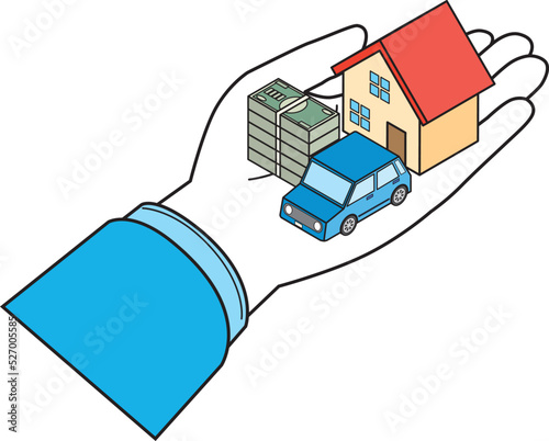 住宅と車とお金を持つ手