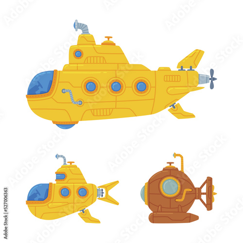 Colorful Submarine Watercraft with Porthole Swimming Underwater Vector Set