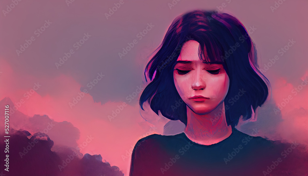Sad anime girl crying. A drawing of a cute sad woman being depressed.  Hearthbroken woman, digital artwork. Illustration of depression. Lonely  lady with depression. Digital painting, drawing. Stock Illustration | Adobe  Stock