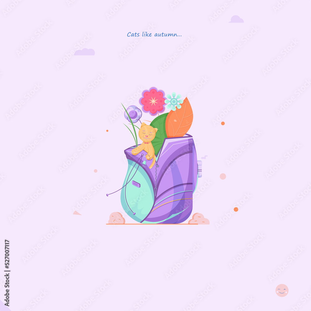 Beige light cat sitting in a backpack among different plants flowers, leaves and holding a bell on an autumn day. Backpack is decorated by some falling leaves and two autumn bushes, text. Beige light cat sitting in a backpack among different plants flowers, leaves and holding a bell on an autumn day. Backpack is decorated by some falling leaves and two autumn bushes, text.