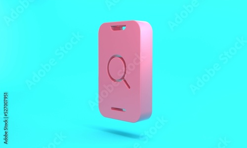 Pink Magnifying glass and mobile icon isolated on turquoise blue background. Search, focus, zoom, business symbol. Minimalism concept. 3D render illustration