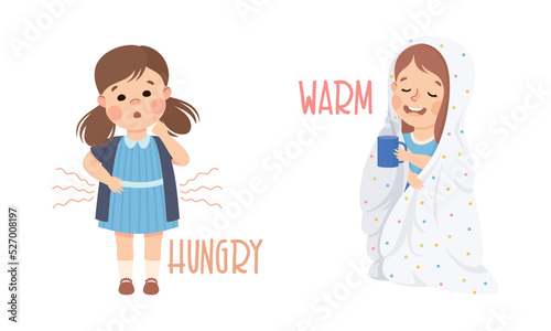 Little Boy and Girl Showing Sense Warming Under Blanket with Hot Tea and Hungry Vector Set