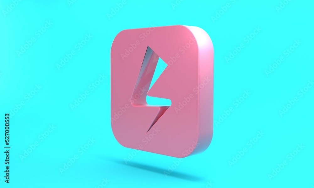 Pink Lightning bolt icon isolated on turquoise blue background. Flash sign. Charge flash icon. Thunder bolt. Lighting strike. Minimalism concept. 3D render illustration Pink Lightning bolt icon isolated on turquoise blue background. Flash sign. Charge flash icon. Thunder bolt. Lighting strike. Minimalism concept. 3D render illustration