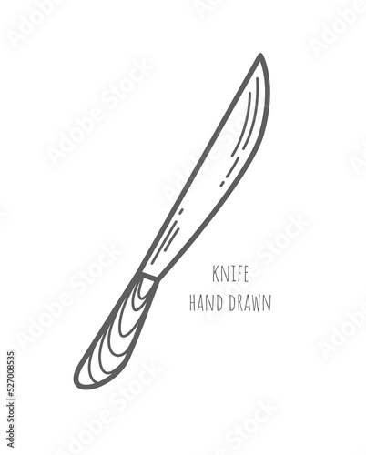 One knife with wooden handle. Vector icon. Line contour illustration. Household item. Food preparation. Cooking shop. Professional cuisine. Chef's tool. Decorative element for menu design, advertising