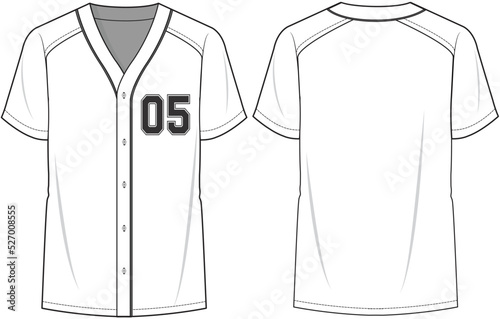 Baseball Shirt Front and Back View. Fashion Illustration, Vector, CAD, Technical Drawing, Flat Drawing, Template, Mockup.