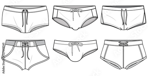 Swim Underwear, Trunk, Brief, Boxer Sets Fashion Illustration, Vector, CAD, Technical Drawing, Flat Drawing, Template, Mockup.