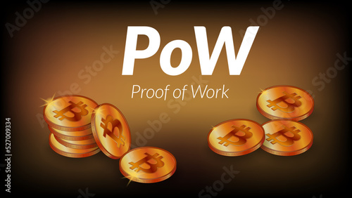 White text PoW Proof of Work with isometric stacks of bitcoin BTC coins with shadows on dark brown background. Banner for news or articles. Vector.