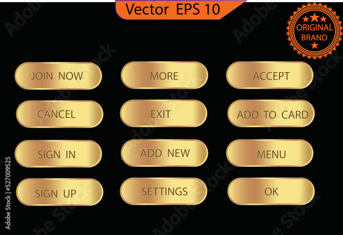 Set of glass gold buttons and sliders, web icons and game icon set.  Gradient mesh. Button set color gold glossy. EPS 10. 