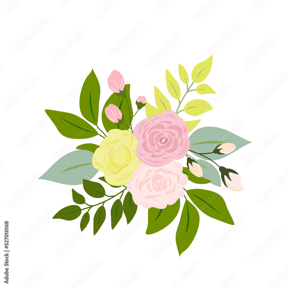 Fototapeta premium pink rose yellow green leaves wedding invitation card and flower poster
