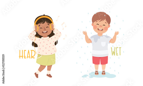 Little Boy and Girl Showing Sense Hearing Music in Headphones and Getting Wet from Rain Vector Set