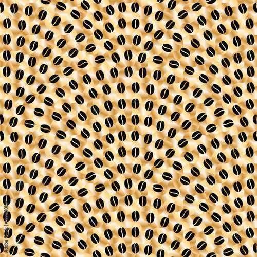 Wavy seamless pattern. Black coffee beans on a Golden metallic waves background