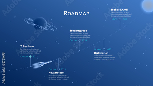 Roadmap with line to the Moon in starry sky and flying spacecraft between stages on blue background. Timeline infographic template for business presentation. Vector.