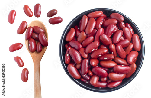 red kidney beans in a black bowl and spoon on transparent background, top view, flat lay, top-down.