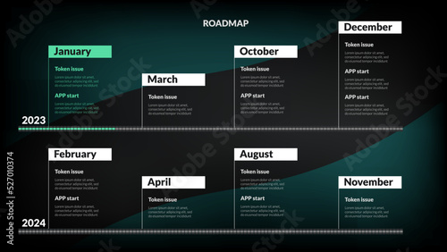 Roadmap with monthly sections on dark background. Timeline infographic template for business presentation.